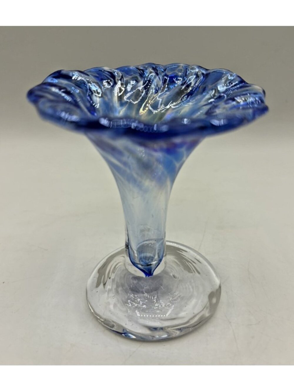 Art Glass Hand Blown Blue Swirl Trumpet Tulip Flared Bud Vase Collectible